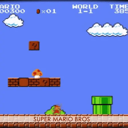 Super Mario Bros gameplay scene featuring Mario, power-up mushroom, and classic green pipe.