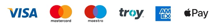 Logos of accepted payment methods: Visa, Mastercard, Maestro, Troy, American Express, and Apple Pay.